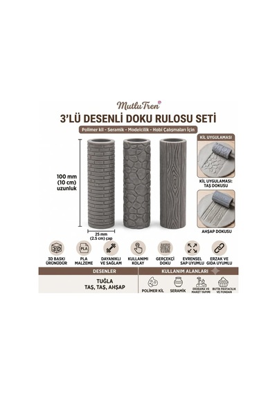 3 Farklı Desen Tuğla, Taş Ve Ahşap Doku Rulosu Seti 10 Cm Kil, Seramik Ve Şeker Hamuru Merdanesi Çok Renkli