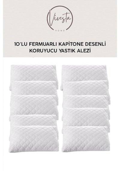10'lu Fermuarlı Kapitone Desenli Koruyucu Yastık Alezi Hijyenik, Dayanıklı Beyaz