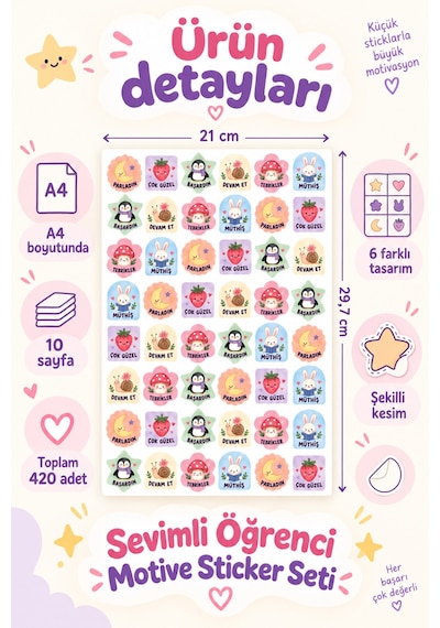 Sevimli Öğrenci Motivasyon Sticker Seti 420 Adet 10 Sayfa Tebrikler, Başardın, Devam Et Ve Ödül Etiketleri Çok Renkli