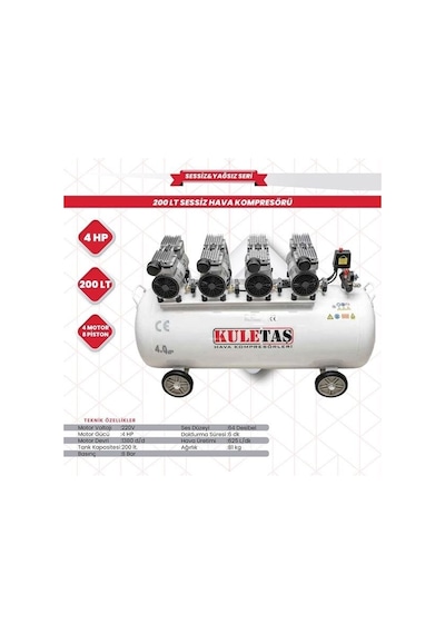 Kuletaş 200 Litre Dört Motorlu 4 Hp Hava Kompresörü Yağsız Sessiz