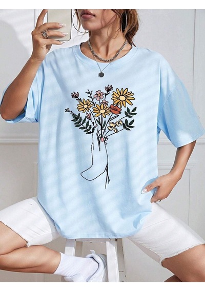 Çiçek Desenli T-shirt - Bebe Mavisi Oversize Baskılı Bisiklet Yaka Bebe Mavisi
