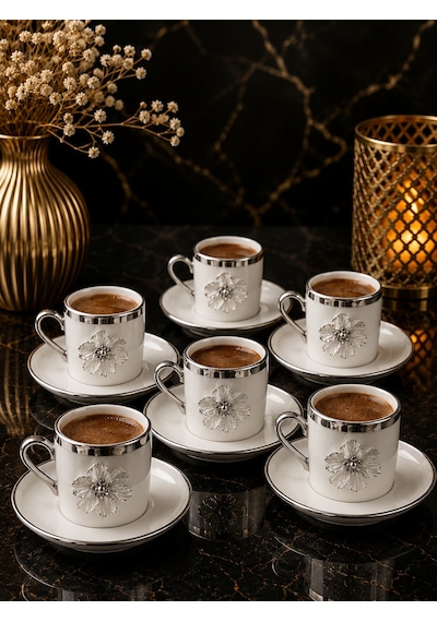 6 Kişilik Gümüş Yaldızlı Porselen Lotus Çiçek Kahve Fincan Takımı 100ml