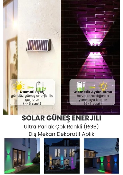 Trendpoint 1adet Solar Çift Taraflı 6ledli Aplik Rgb Işık Duvar Lamba Bahçe Aydınlatma Güneşle Şarj