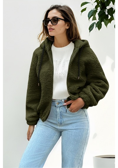 Hiramir Peluş Kapüşonlu Kadın Bomber Mont Taş Ks2503 Haki