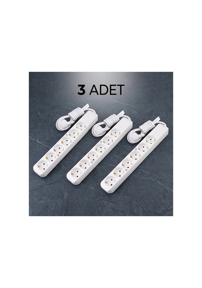 3 Adet--6'lı Topraklı Grup Priz 2 Metre Kablolu - Çoklu Uzatmalı Priz Seti 3x1 Mm² Yumuşak Ttr Kablo Beyaz Uzatma Kablosu,çoklu Priz 0