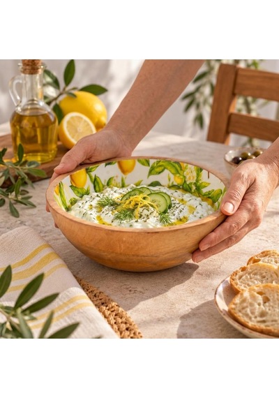Tr Mango Ağacı Kase 20 Cm, Limon Desenli İç Yüzey, 7 Cm Yükseklik, Geniş Servis Alanlı Ahşap Sunum Kasesi, Kahv