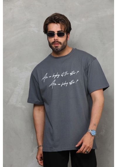 Erkek Kısa Kol Yazlık Tişört Bisiklet Yaka Baskılı Oversize T-shirt - Füme