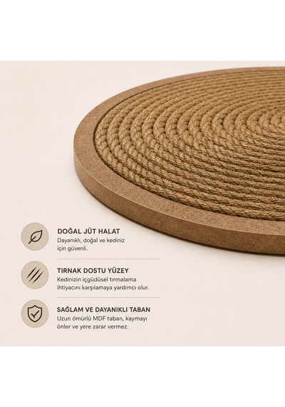Petody Rondo Kedi Tırmalama Matı 8 MM Jüt Halat Mdf Taban 40 CM Modern Ve Dayanıklı Mdf Tasarım