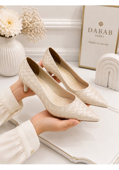 Dabab Shoes Lılya Kadın Bej Sivri Burun Örgü Desenli 6 Cm İnce Topuklu Stiletto Ayakkabı