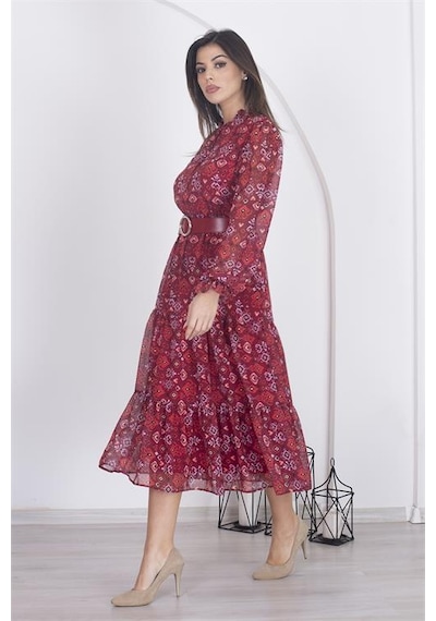 Dipmoda Kadın Astarlı Etnik Desenli Şifon Elbise Rsdp002 - Bordo Bordo