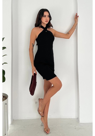 Asprin Fashion Çapraz Yaka Triko Elbise Siyah Siyah