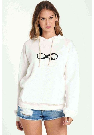 Sonsuzluk Love Black Baskılı Beyaz Kadın Kapşonlu Sweatshirt