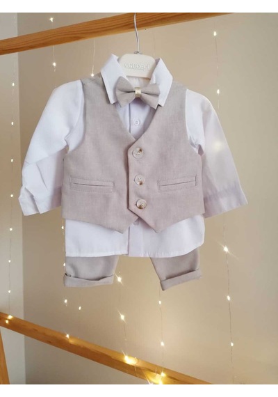 Concept Kids Papyonlu Yelekli Bej 4'lü Klasik Erkek Bebek Takım Özel Gün Kıyafeti Düğün Bebek Hediyesi