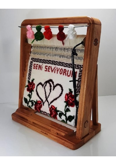 100tel Seni Seviyorum Motifli El Dokuması Hediyelik Minyatür Halı Çok Renkli