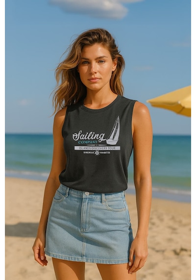 Markapia Woman Kadın Bisiklet Yaka Baskılı Kolsuz T-shirt Antrasit M