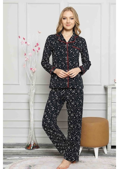 Farya Home Dreamy Yıldız Desenli Biyeli Gömlek Pijama Takımı Lacivert