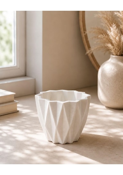 Lexroo Geometrik Desenli Beyaz Saksı, Masaüstü, Modern Minimalist Stil, Sukulent Ve Kaktüs Standart