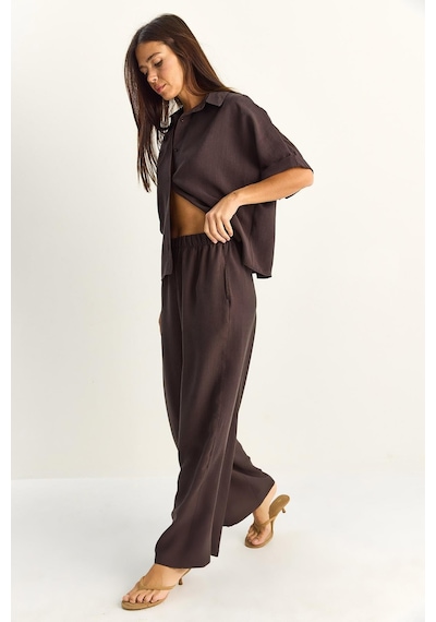 Shade Kadın Oversize Kısa Kol Gömlek Beli Lastikli Geniş Paça Pantolon Takım 7651 60286138 - Acı Kahve Çok Renkli