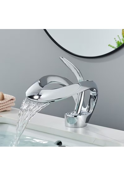 Krom Şelale Lavabo Bataryası Lüks Tek Kollu Tezgah Üstü Loft Musluk Ev Otel Özel Tasarım Gri