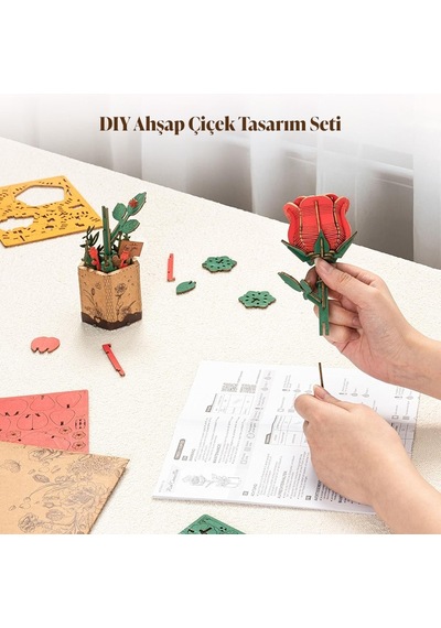 Rowood Tw042 Kırmızı Gül Red Rose Dıy Minyatür Maket Model Set Ahşap 3d Wooden Puzzle 3d Model Kit Ahşap Maket Dekoratif Hobi Seti