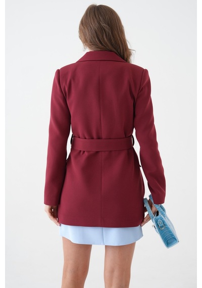 Sââde Kadın Tek Düğmeli Dokuma Kruvaze Blazer Ceket - Kuşaklı Bordo