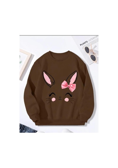 Herkesemoda Sevimli Tavşan Baskı Detaylı Bisiklet Yaka İçi Polarlı Sweatshirt Kahverengi