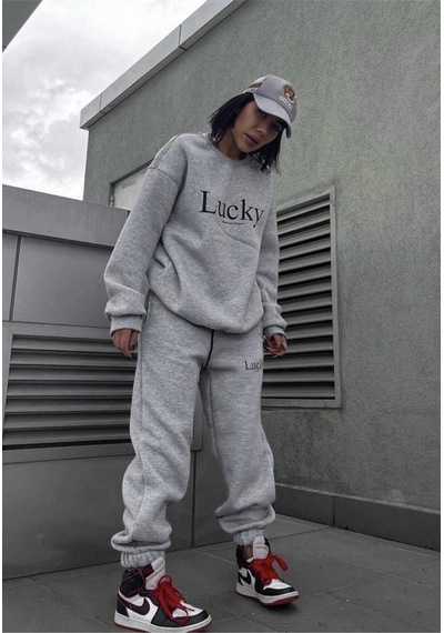 Tarzsokak Lucky Dijital Baskılı Kışlık Unisex Eşofman Takımı Gri