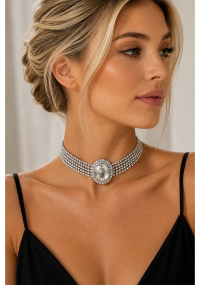 Kadın Silver Taşlı Choker Kolye Çok Sıralı Zirkon Taşlı Zarif Abiye & Davet Kolyesi Gümüş - 900260397 Gümüş
