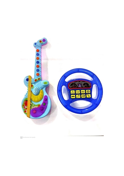 2 Oyuncak Birden Işıklı Müzikli Gitar - Işıklı Türkçe Konuşan Oyuncak Direksiyon Pille Çalışan