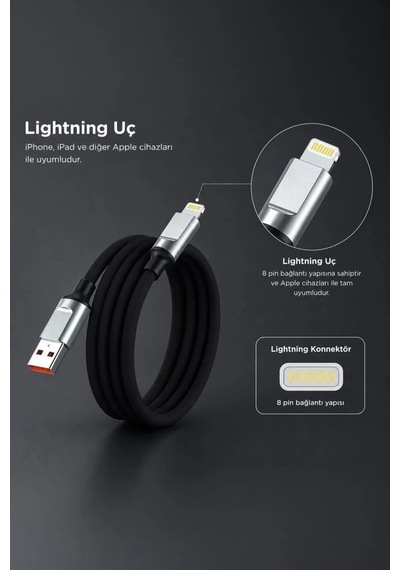 Özel Üretim Mobil Aksesuar Pratik Ekipman Şarj Kablosu Lightning Silikon 3.0a U15 Siyah