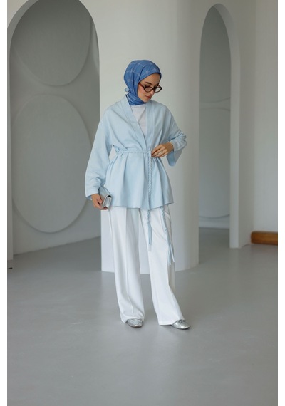 Moonsc Keten Kimono Kemerli Mavi