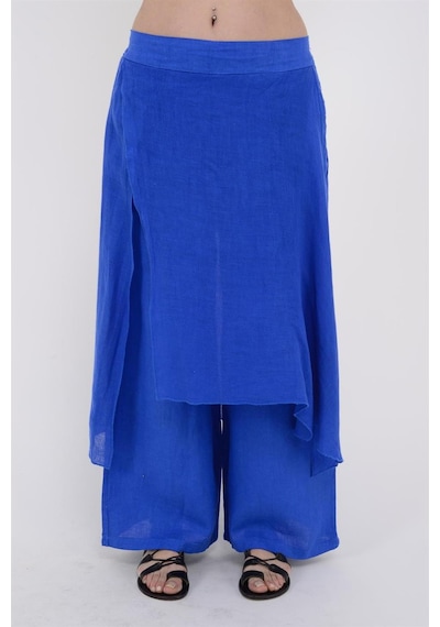Bohem Stil İtalyan Ham Keten Pantolon Etek-8747 Saks Mavisi