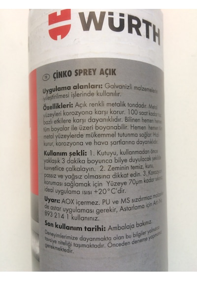 Würth Çinko Renk Sprey Boya Çinko Açık Renkli 400 ML  Germany