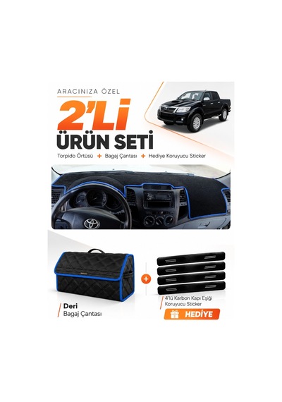 Toyota Hilux 2005-2014 Uyumlu Torpido Örtüsü + Deri Bagaj Çantası + Sticker Seti - Siyah Mavi