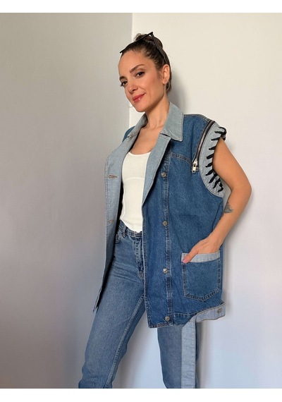Ali Butik Mavi Oversize Tasarım Denim Yelek Mavi
