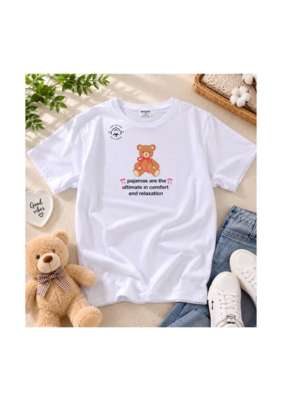 Uğur Bebe Mihra %100 Pamuk Kadın Şortlu Pijama Takımı Ayıcık Baskılı Kısa Kollu Yazlık Rahat Ev Giyim Beyaz Beyaz