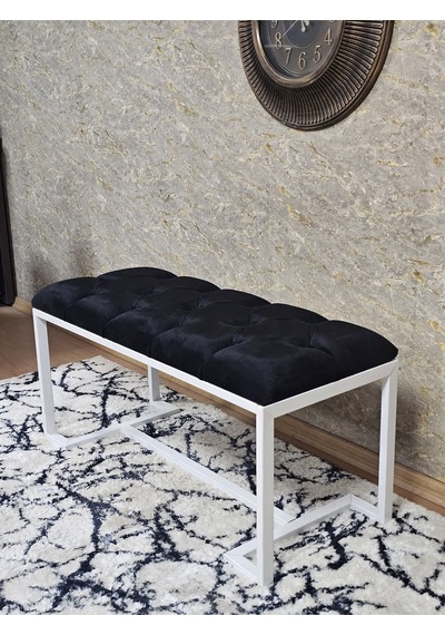Zafir Beyaz Boyalı - L - Ayaklı 100 Cm X 38 Cm Oturak - Bench - Makyaj Taburesi - Makyaj Oturak Siyah