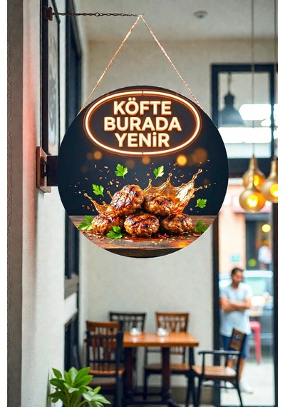 Köfte Burada Yenir Görselli İpli Ahşap Duvar Kapı Tablosu, Köfteci, Restoran, Cafe Süs Dekoru