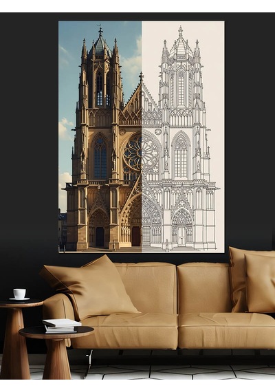 Ahşap Tablo Gotik Katedral Eskiz Çizimi
