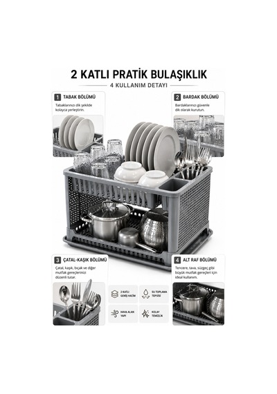 2 Katlı Geniş Hacimli Bulaşıklık Kaşıklık Bölmeli, Su Toplama Tepsili, Pratik Mutfak Düzenleyici Gri