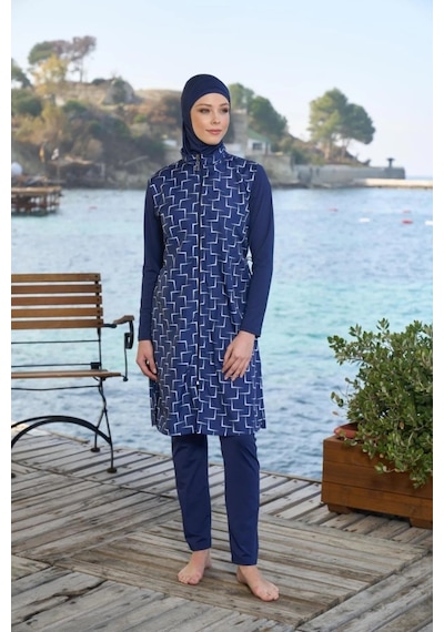 Estiva 25944 Lacivert Fermuarlı Geometrik Desenli Tam Boy Tesettür Mayo Lacivert