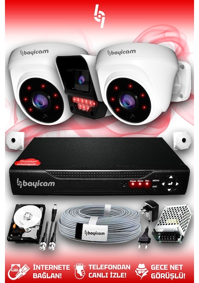 Bayicam 3 Kameralı Süper 2 İç Kamera Set 100 GB 5 MP 2K Net Gece Görüşlü Güvenlik Kamerası Sistemi