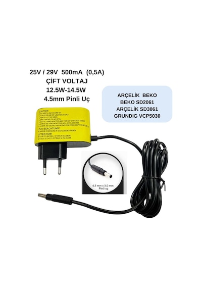 Arçelik Sd 3061 - Beko 2061 Grundig 3601 Uyumlu 25-29 Volt 500ma Dikey Süpürge Şarj Adaptörü