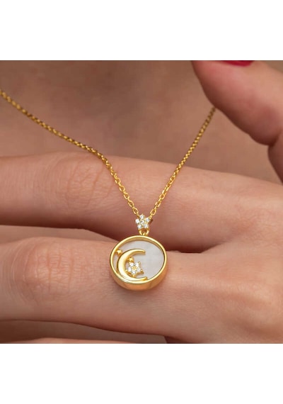 Gümüş Gold Sedef Taşlı Ay Yıldız Hilal Kadın Kolye Altın