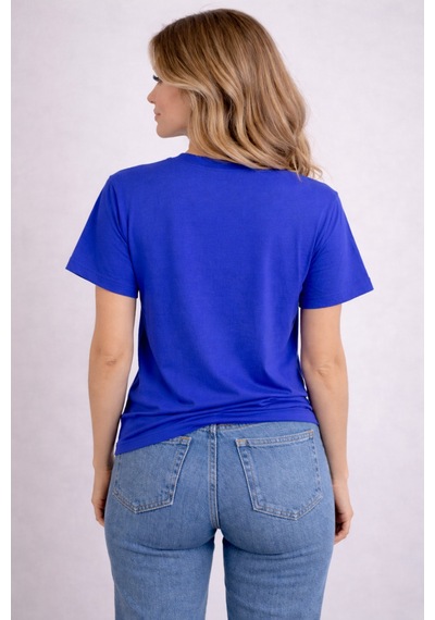 Herkesemoda Amour Baskı Detaylı Basic T-shirt Mavi