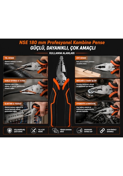 Nse Profesyonel Kombine Pense 180 Mm Güçlendirilmiş Çelik Tel Çivi Kesici Dayanıklı Çok Amaçlı Pense 1