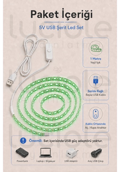 1 Metre 5v Usb Yeşil Şerit Led Aç Kapa Anahtarlı Gaming Tv Masa Raf Araç Dekoratif Işık