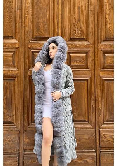 Lava Design Kürklü Triko Hırka - Uzun Triko Hırka - Kadın Triko Hırka Örgülü Gri gri