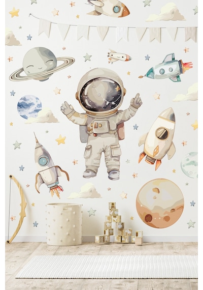 Uzay Temalı Duvar Sticker Seti 165 Parça Astronot, Roket, Gezegen Çocuk Odası Duvar Büyük Boy Dijital Baskı