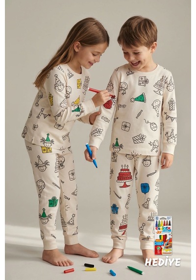 Zuzunga Boyanabilir Doğum Günü Temalı Çocuk Pijama Takımı Yıkanabilir 6-lı Kalem Hediyeli Ekru
